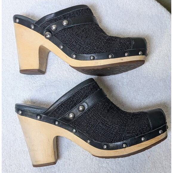 UGG 100490 Women's Leather & Wool Black Clogs Shoes Wood Mules Sz 8 US - Picture 4 of 11